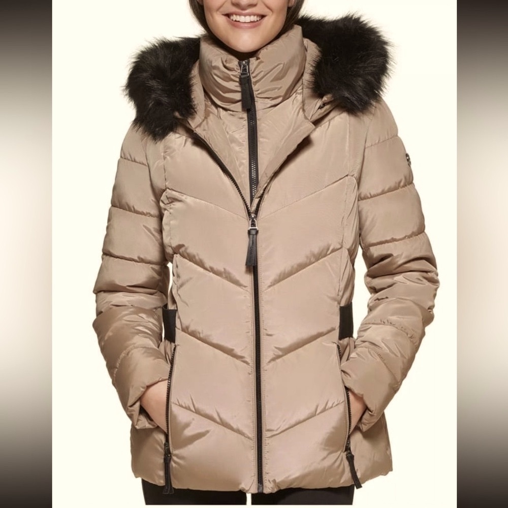 Calvin Klein faux fur trim hooded puffer coat beige taupe oatmeal brown sugar